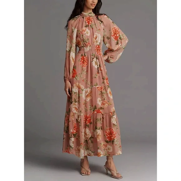 Anthropologie - The Somerset Long-Sleeve Mock-Neck Chiffon Maxi Dress - Picture 1 of 6